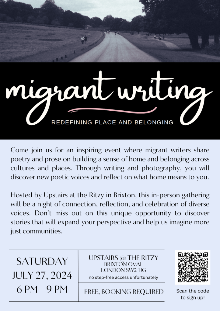 Poster promoting the migrant writing event.